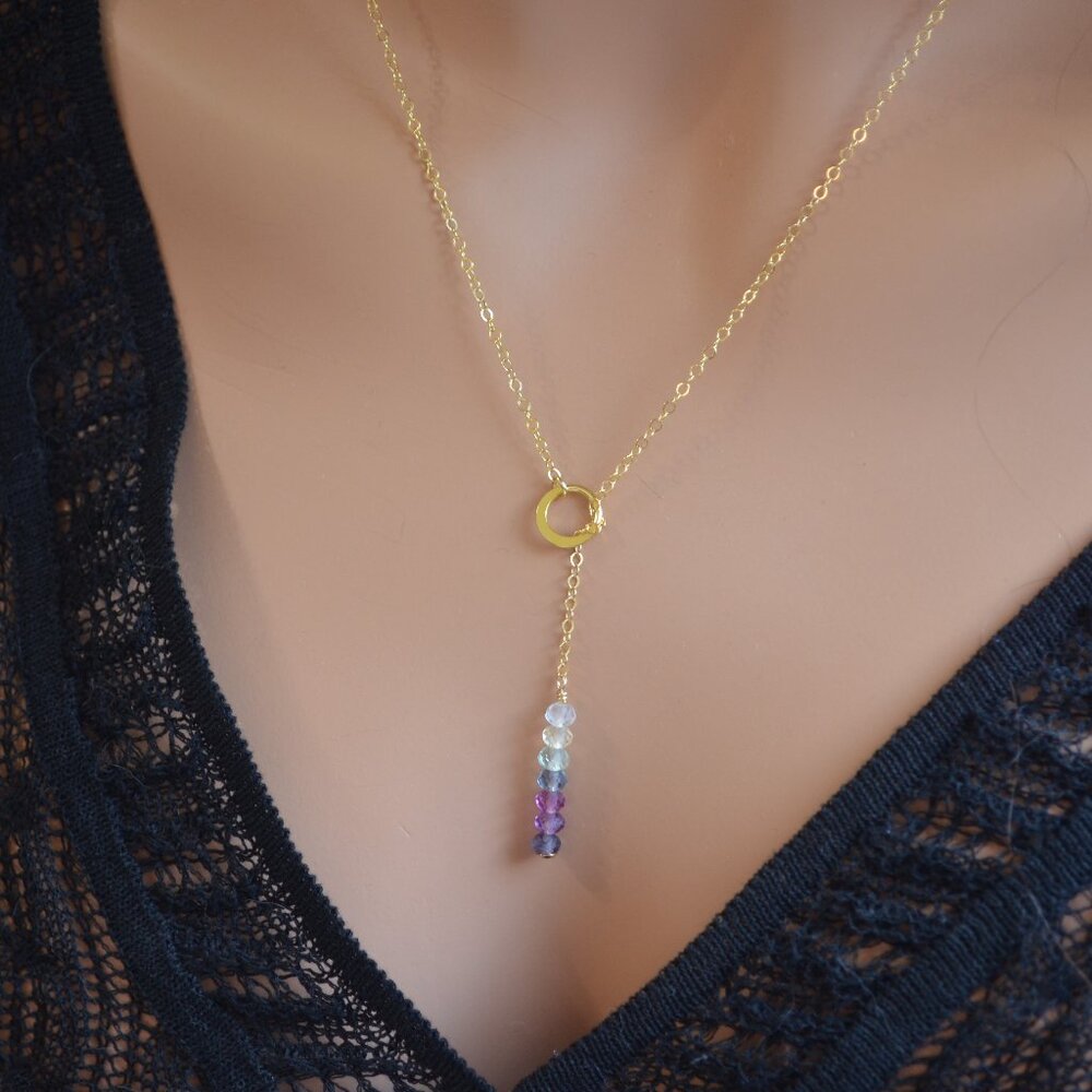 Simple Fluorite Gemstone Lariat Necklace in Gold
